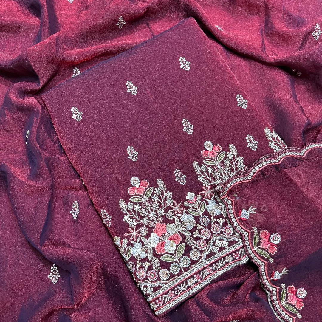 Shimmer Tissue Unstitched Suit Set with Sequin Zari & Cutdana Embroidery - LF8259-1