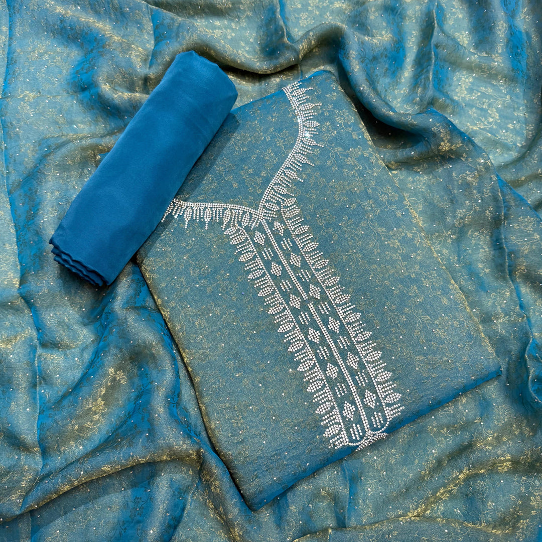 Jacquard Self Print Swarovski Work Unstitched Suit Set - LF8551-4