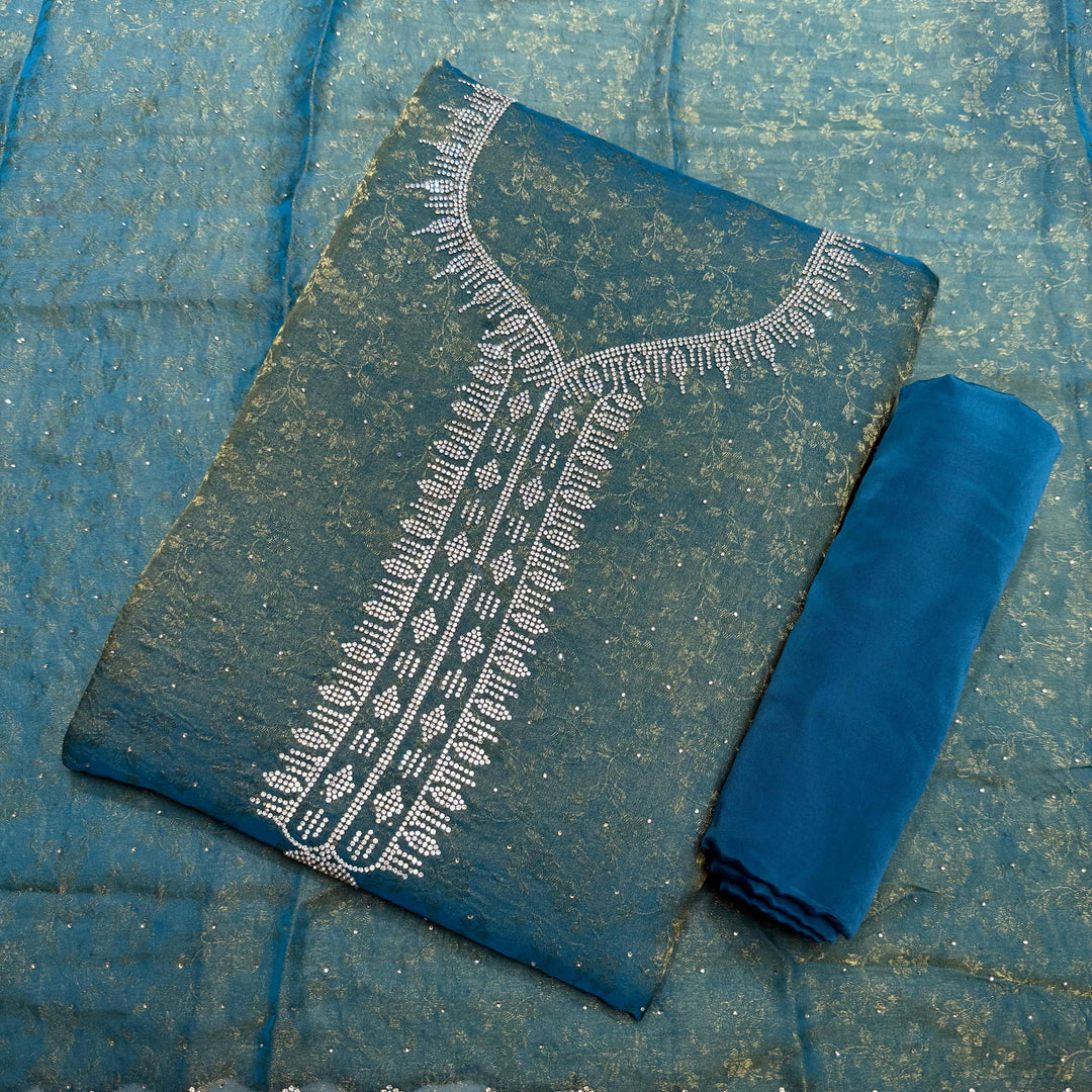 Jacquard Self Print Swarovski Work Unstitched Suit Set - LF8551-4