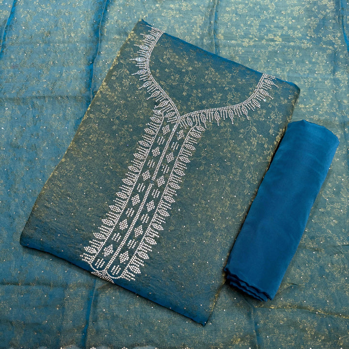 Jacquard Self Print Swarovski Work Unstitched Suit Set - LF8551-4