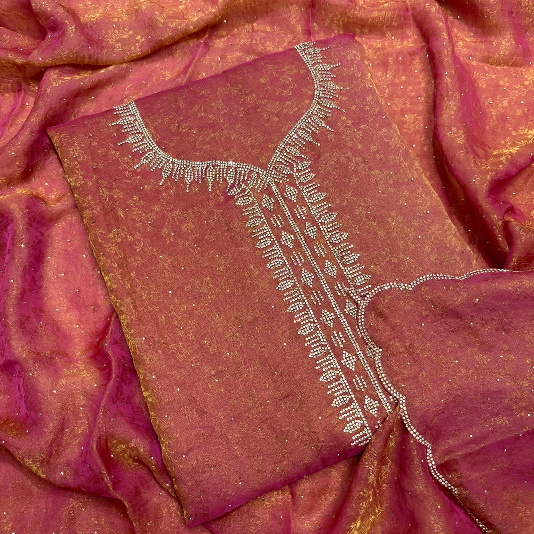 Jacquard Self Print Swarovski Work Unstitched Suit Set - LF8551-1