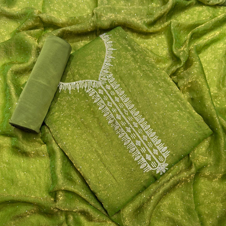 Jacquard Self Print Swarovski Work Unstitched Suit Set - LF8551-2