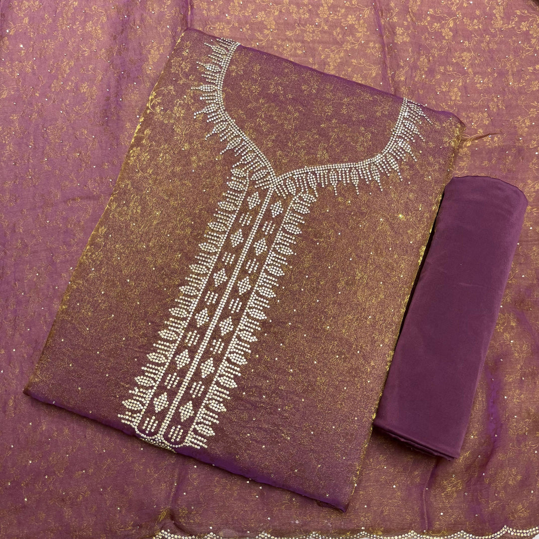 Jacquard Self Print Swarovski Work Unstitched Suit Set - LF8551-3