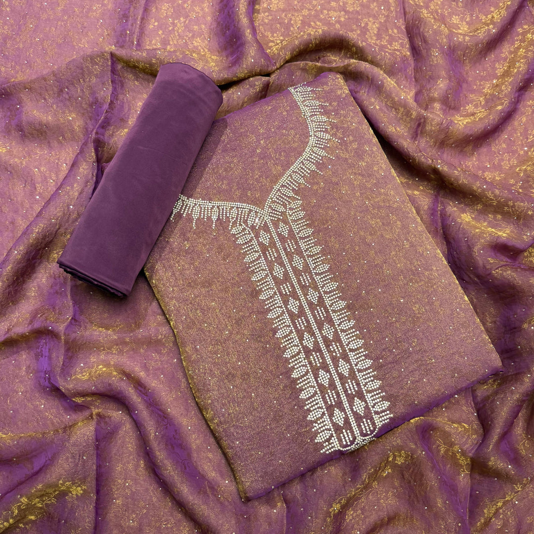 Jacquard Self Print Swarovski Work Unstitched Suit Set - LF8551-3