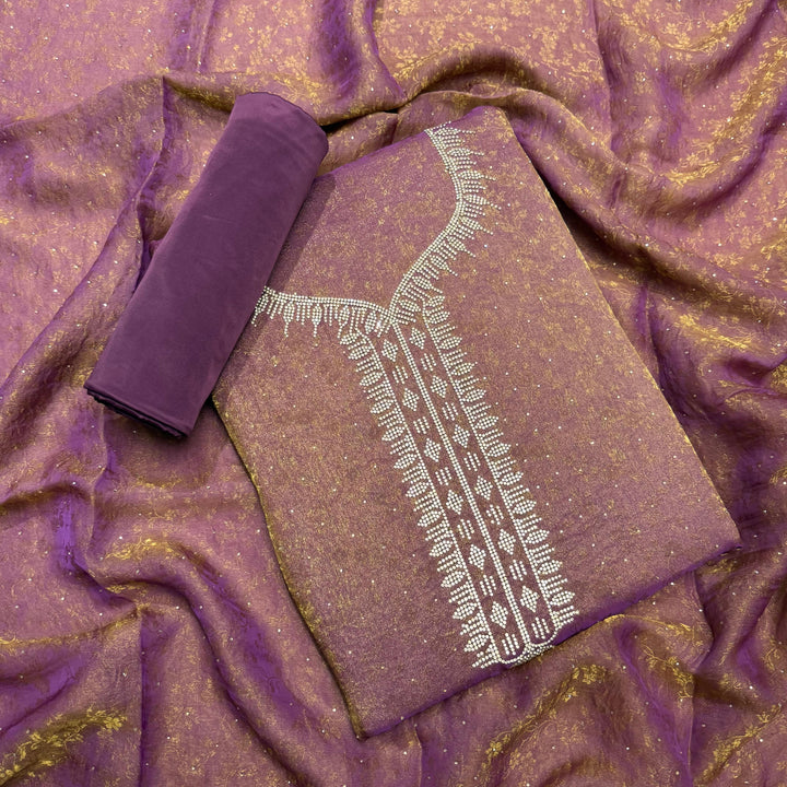 Jacquard Self Print Swarovski Work Unstitched Suit Set - LF8551-3