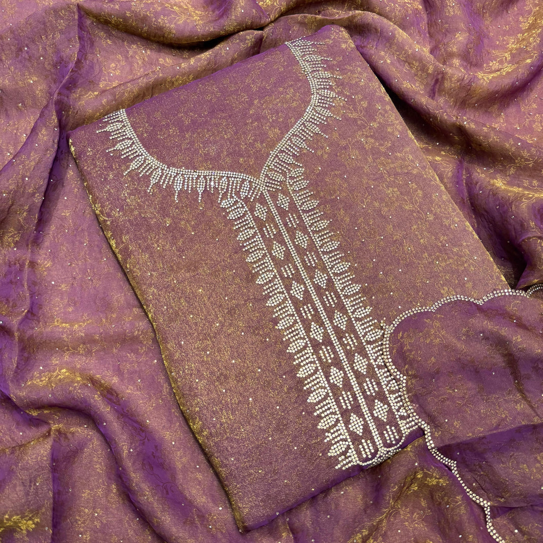 Jacquard Self Print Swarovski Work Unstitched Suit Set - LF8551-3