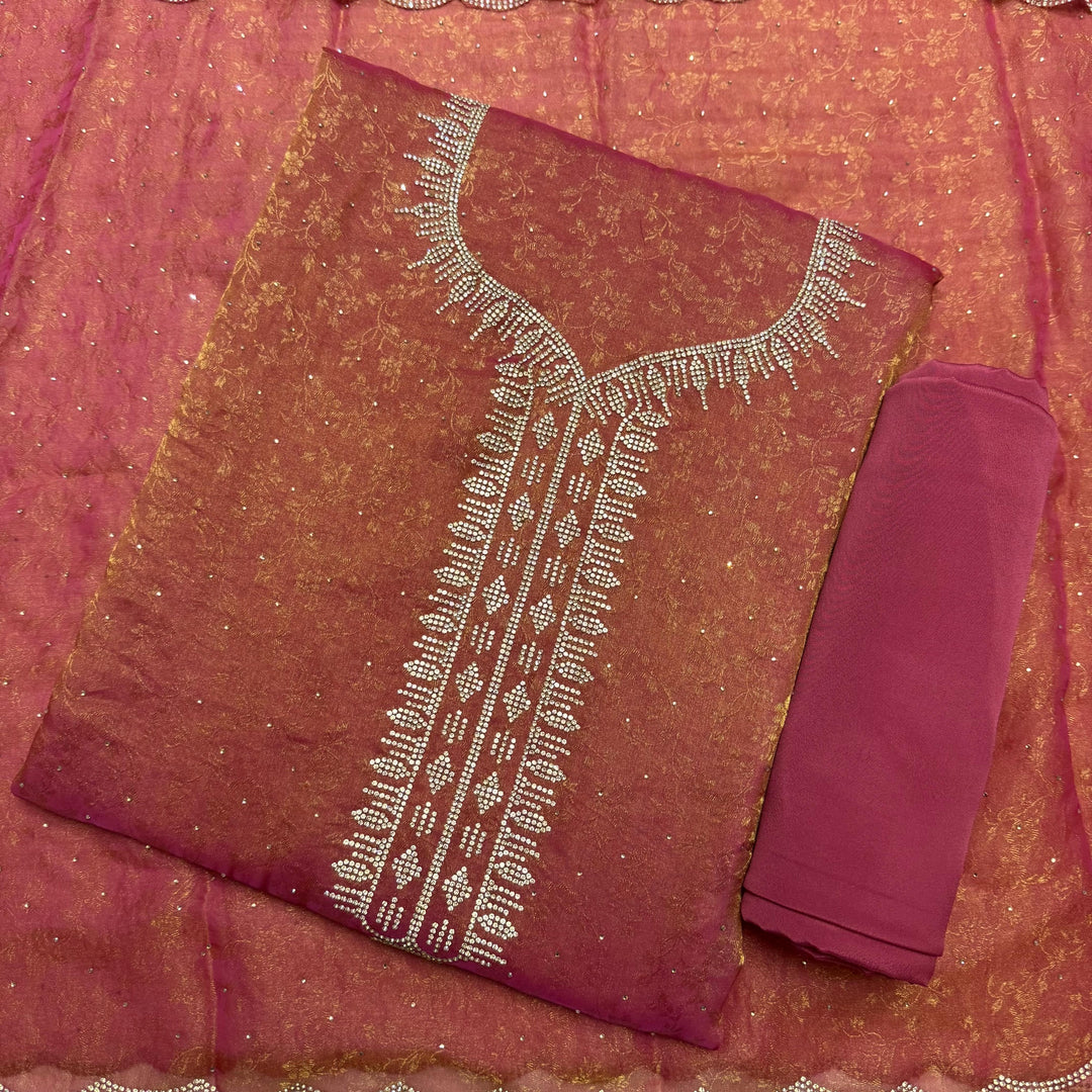 Jacquard Self Print Swarovski Work Unstitched Suit Set - LF8551-1
