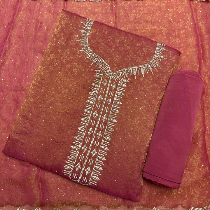 Jacquard Self Print Swarovski Work Unstitched Suit Set - LF8551-1