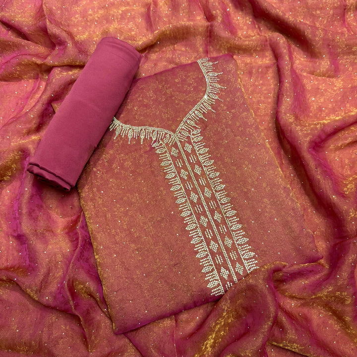 Jacquard Self Print Swarovski Work Unstitched Suit Set - LF8551-1