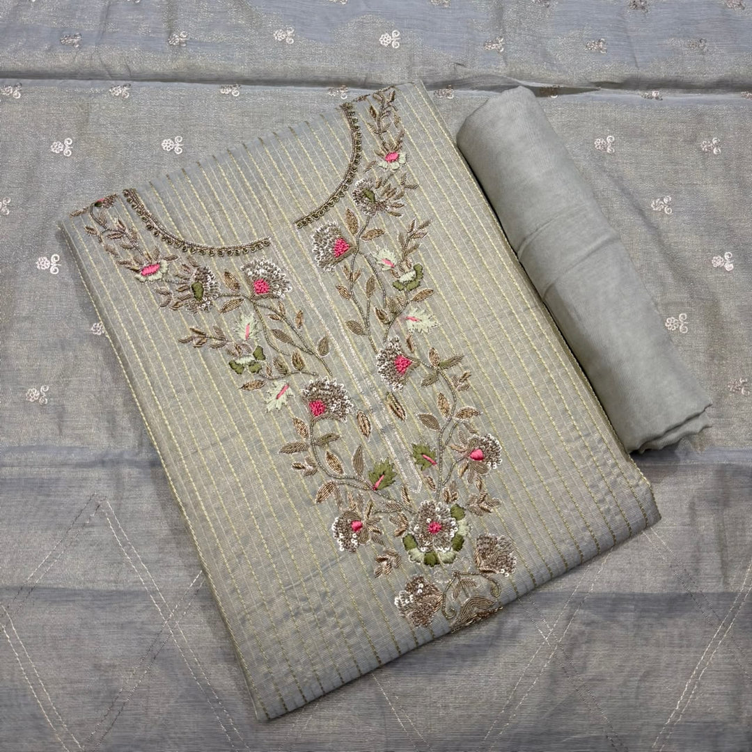 Premium Tissue Knot & Zardozi Work Unstitched Suit Set-R17993-A2