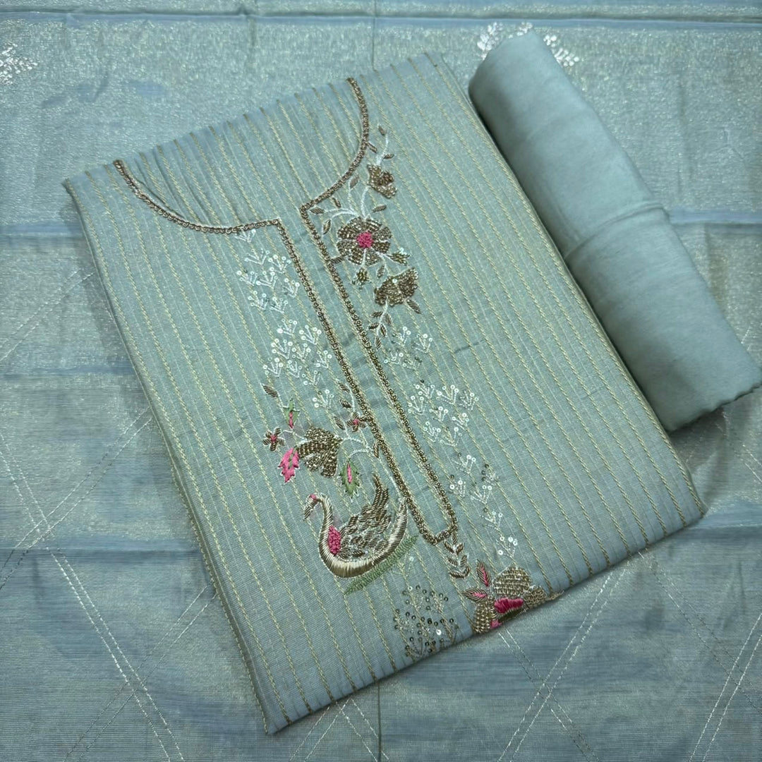 Elegant Tissue Knot & Zardozi Work Unstitched Suit Set-R17992-H2