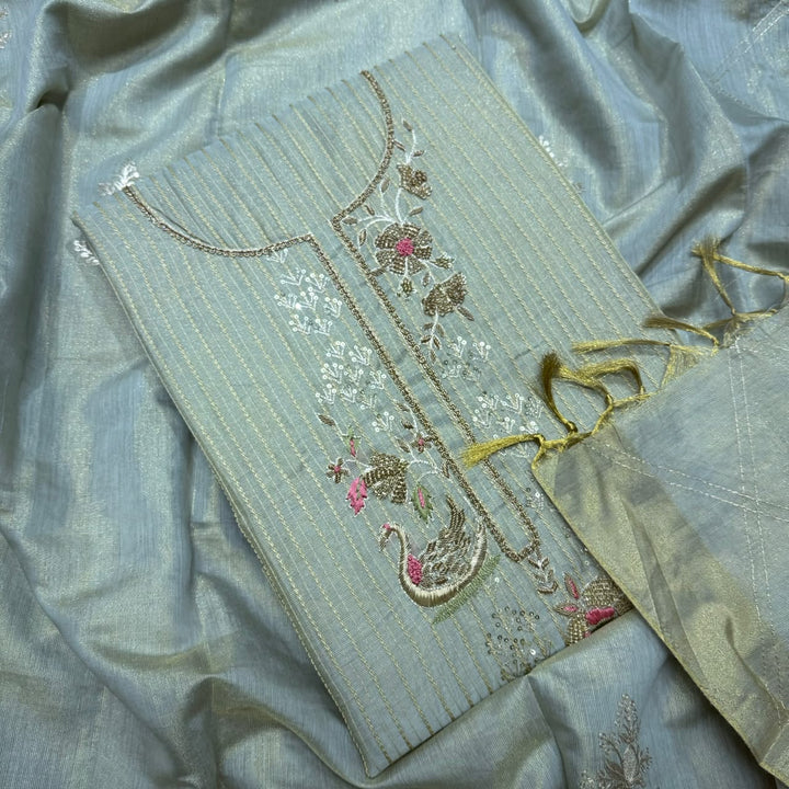 Elegant Tissue Knot & Zardozi Work Unstitched Suit Set-R17992-H2