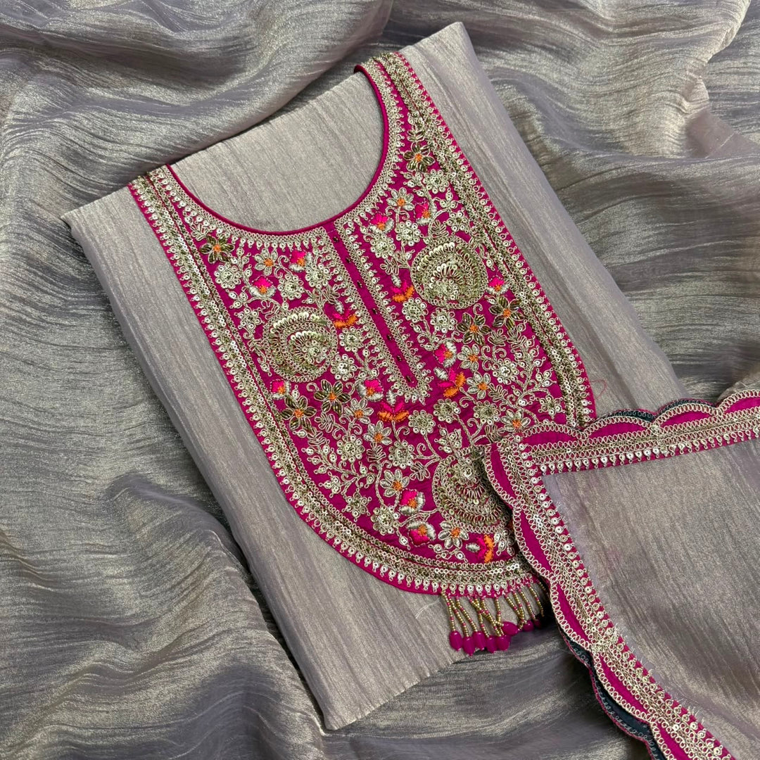 Elegant Tissue Zari Work Unstitched Suit Set - NRK8702-02