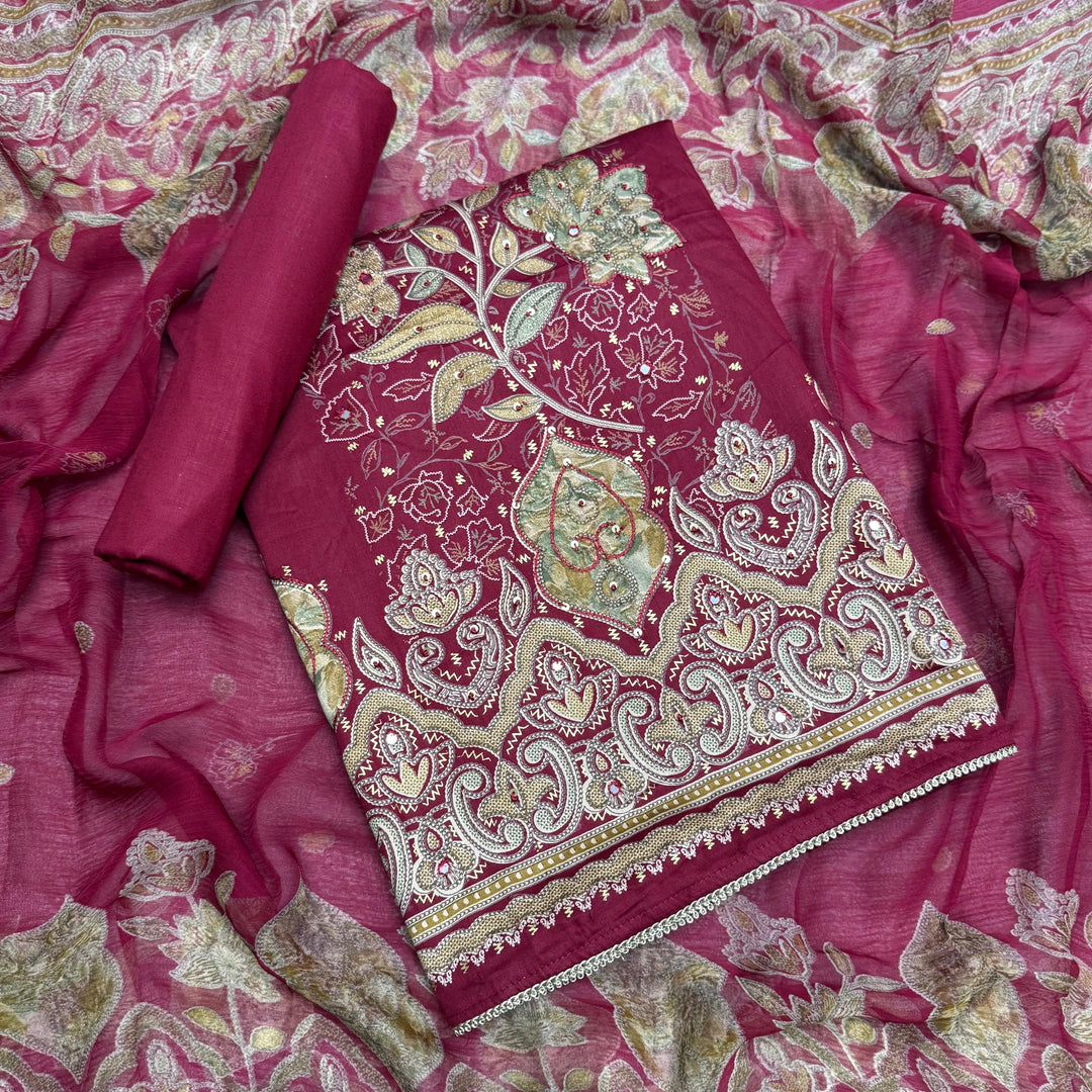 Premium Cotton Print Embroidered Unstitched Suit Set-PS5801-02