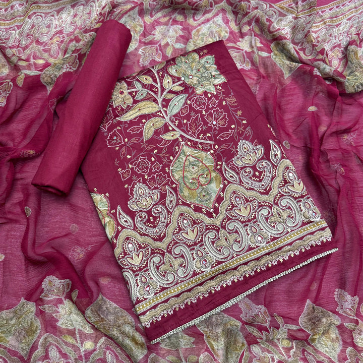 Premium Cotton Print Embroidered Unstitched Suit Set-PS5801-02
