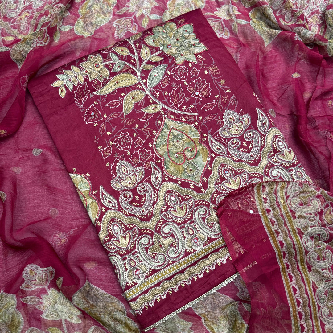 Premium Cotton Print Embroidered Unstitched Suit Set-PS5801-02