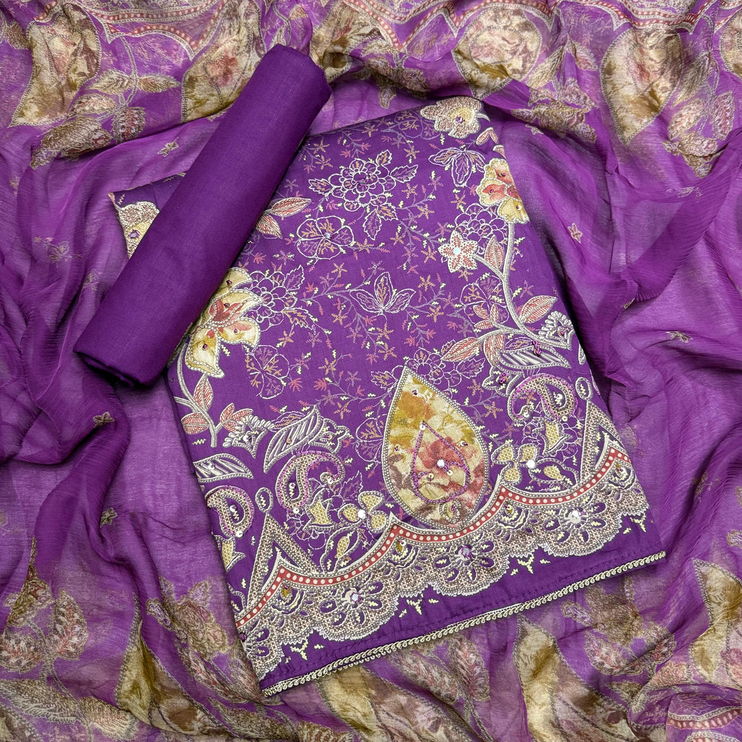 Premium Cotton Print Embroidered Unstitched Suit Set-PS5801-03