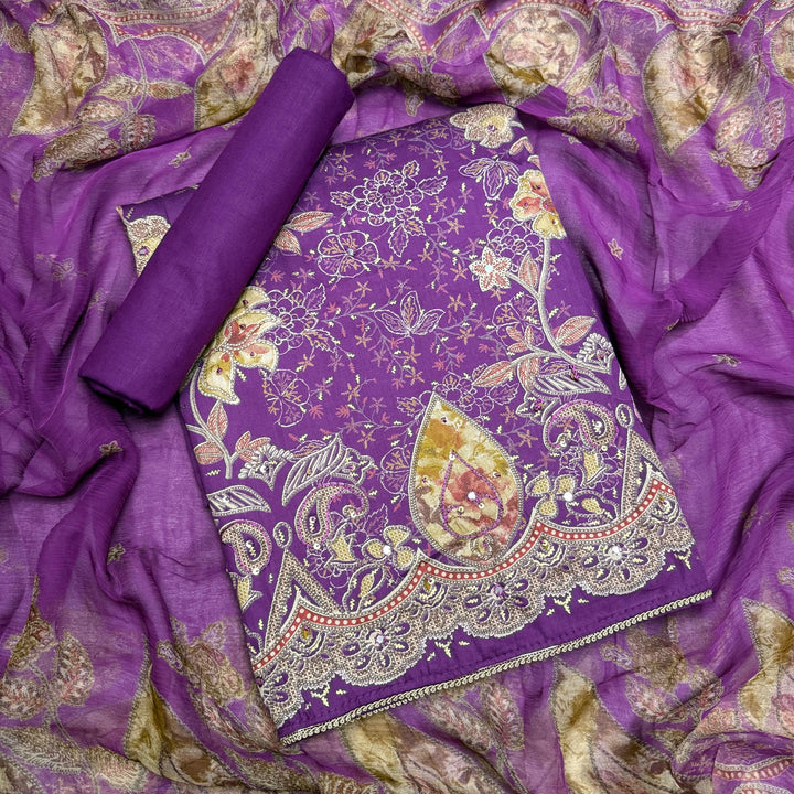 Premium Cotton Print Embroidered Unstitched Suit Set-PS5801-03