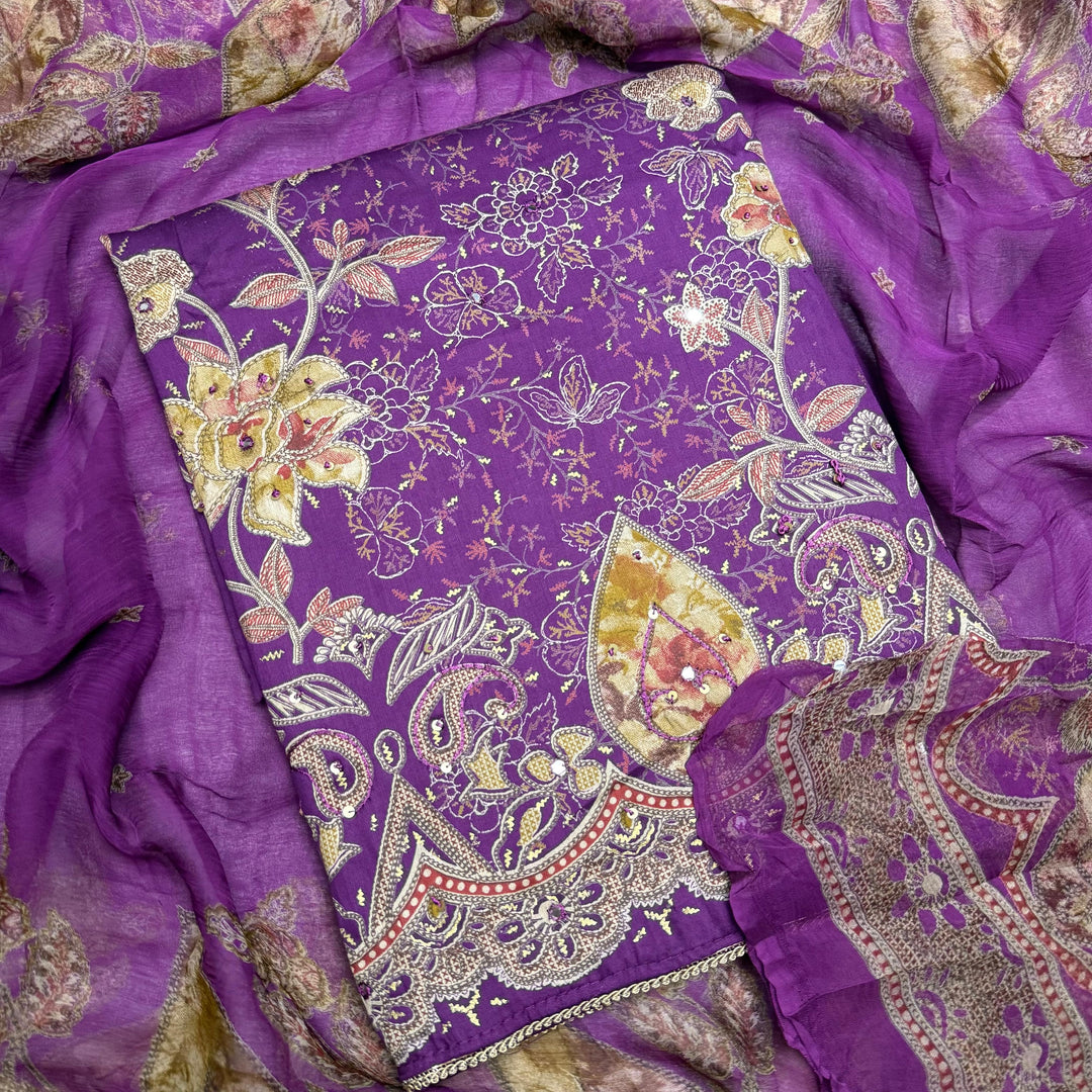Premium Cotton Print Embroidered Unstitched Suit Set-PS5801-03