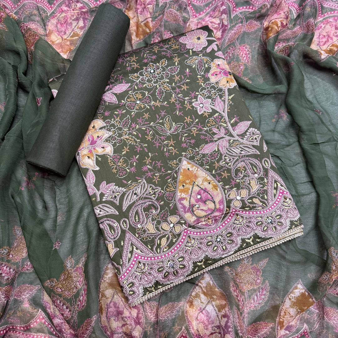 Premium Cotton Print Embroidered Unstitched Suit Set-PS5801-04