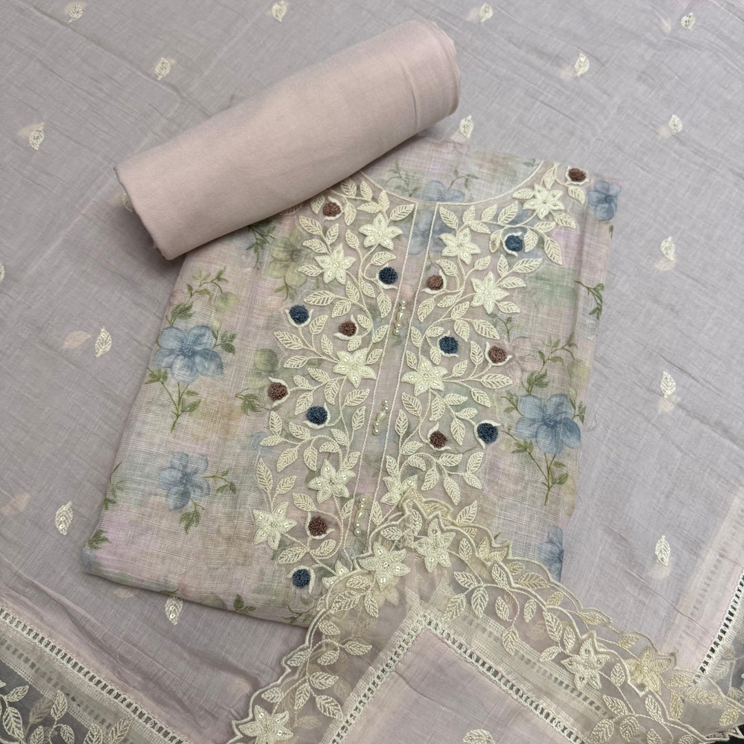 Premium Linen Cotton Hand Knot & Thread Work Unstitched Suit Set-NRK8458-01
