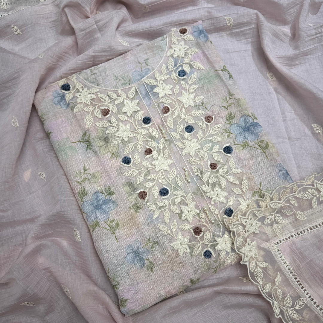Premium Linen Cotton Hand Knot & Thread Work Unstitched Suit Set-NRK8458-01