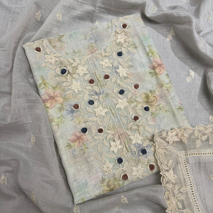 Premium Linen Cotton Hand Knot & Thread Work Unstitched Suit Set-NRK8458-02