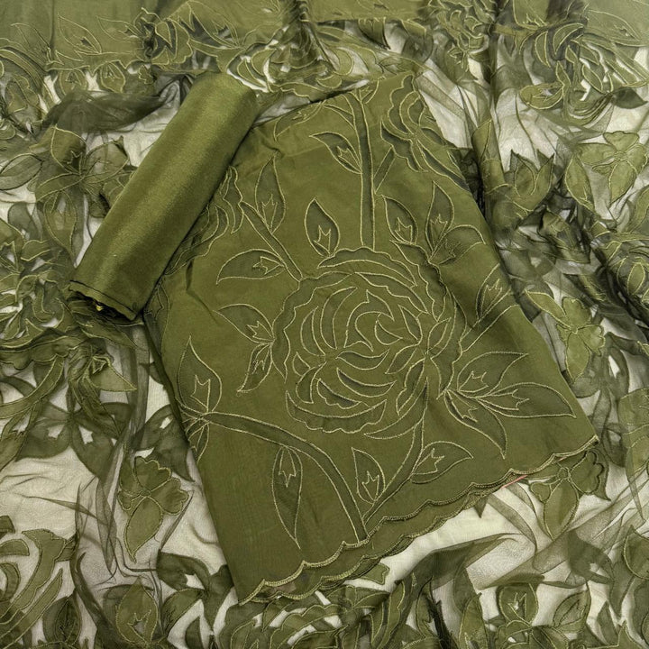Premium Organza Full Jaal Appliqué Work Unstitched Suit Set-WT2005-D