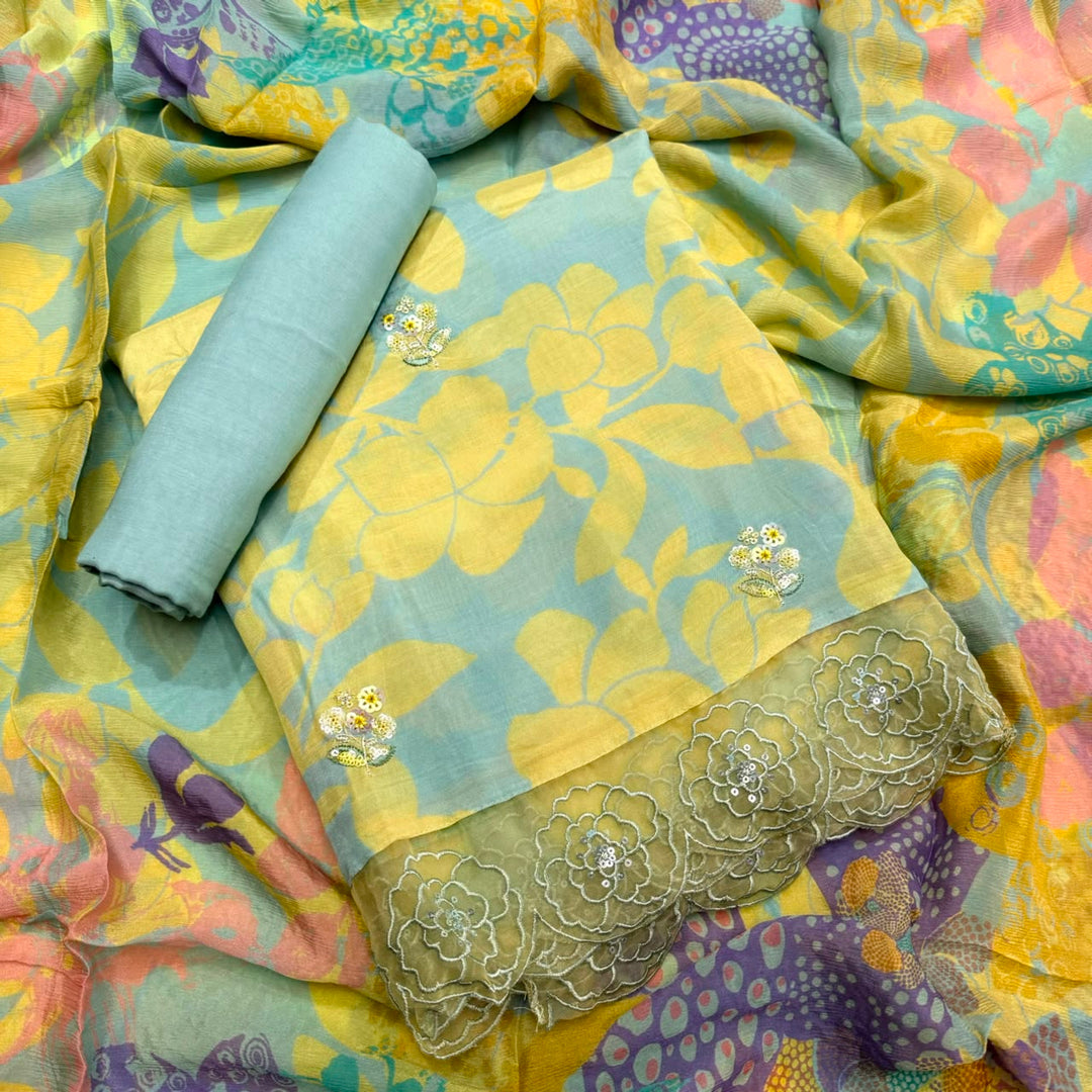 Beaitiful Muslin Fabric Unstitched Suit Set With Thread & Sequins Work - SF1101-02