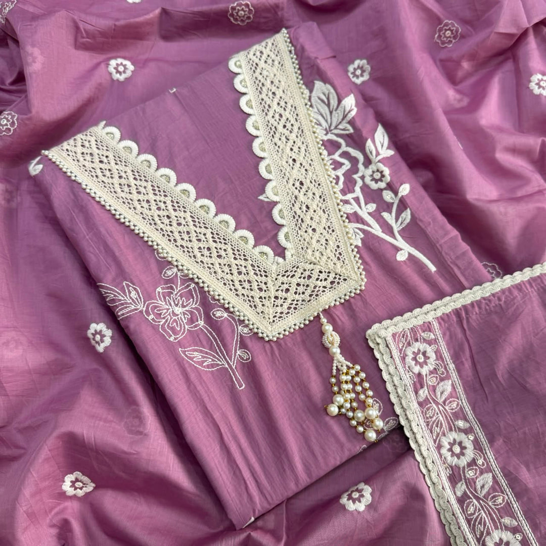 Premium Modal Cotton Unstitched Suit Set With Thread Embroidery & Pearl Work Neckline-BR2513-2