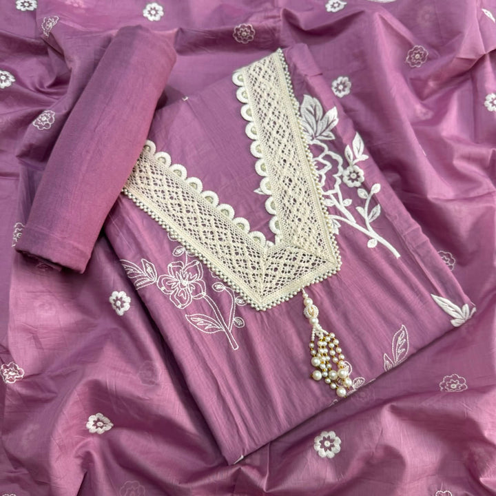 Premium Modal Cotton Unstitched Suit Set With Thread Embroidery & Pearl Work Neckline-BR2513-2