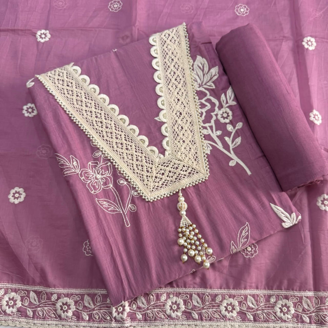 Premium Modal Cotton Unstitched Suit Set With Thread Embroidery & Pearl Work Neckline-BR2513-2