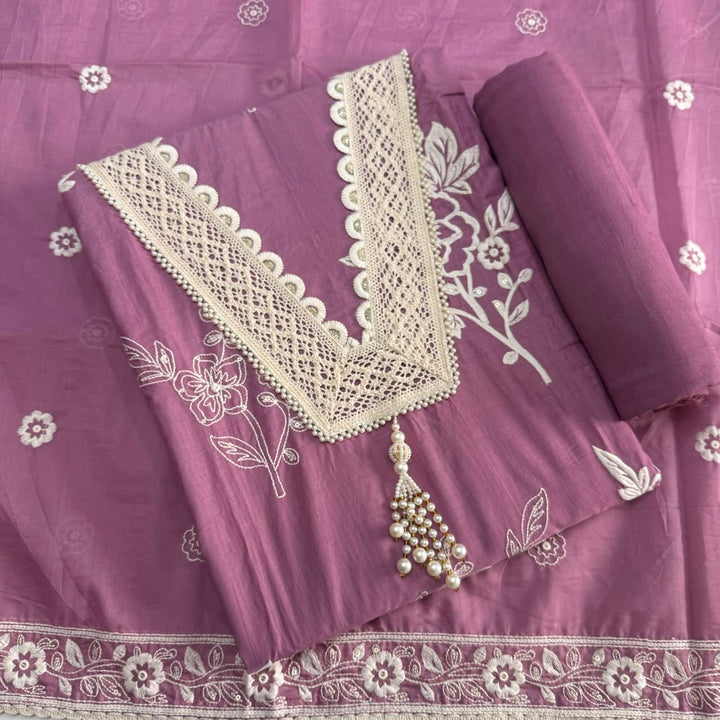 Premium Modal Cotton Unstitched Suit Set With Thread Embroidery & Pearl Work Neckline-BR2513-2