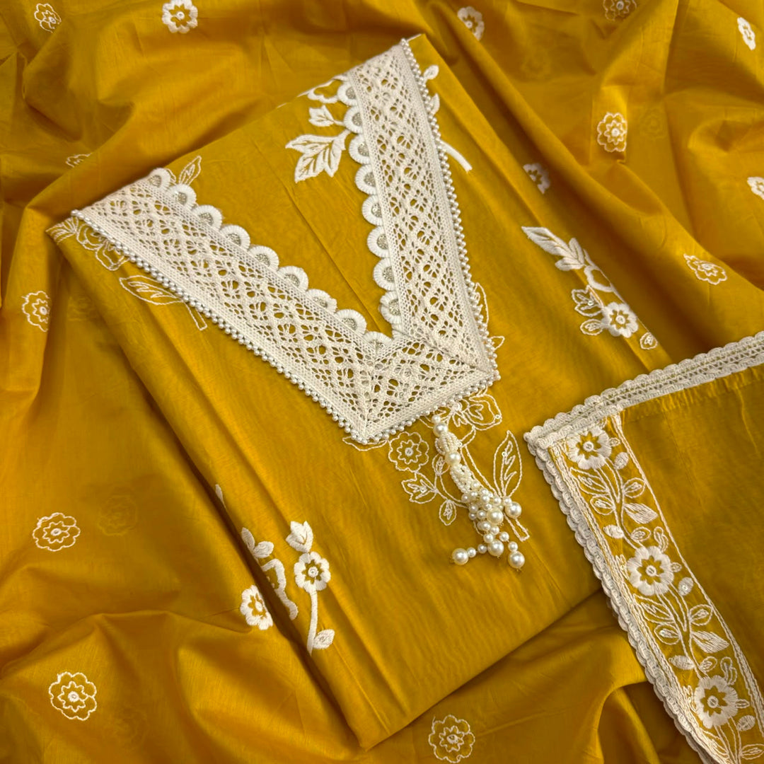 Premium Modal Cotton Unstitched Suit Set With Thread Embroidery & Pearl Work Neckline-BR2513-1