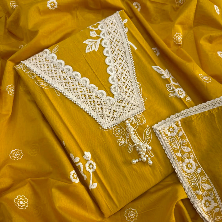 Premium Modal Cotton Unstitched Suit Set With Thread Embroidery & Pearl Work Neckline-BR2513-1