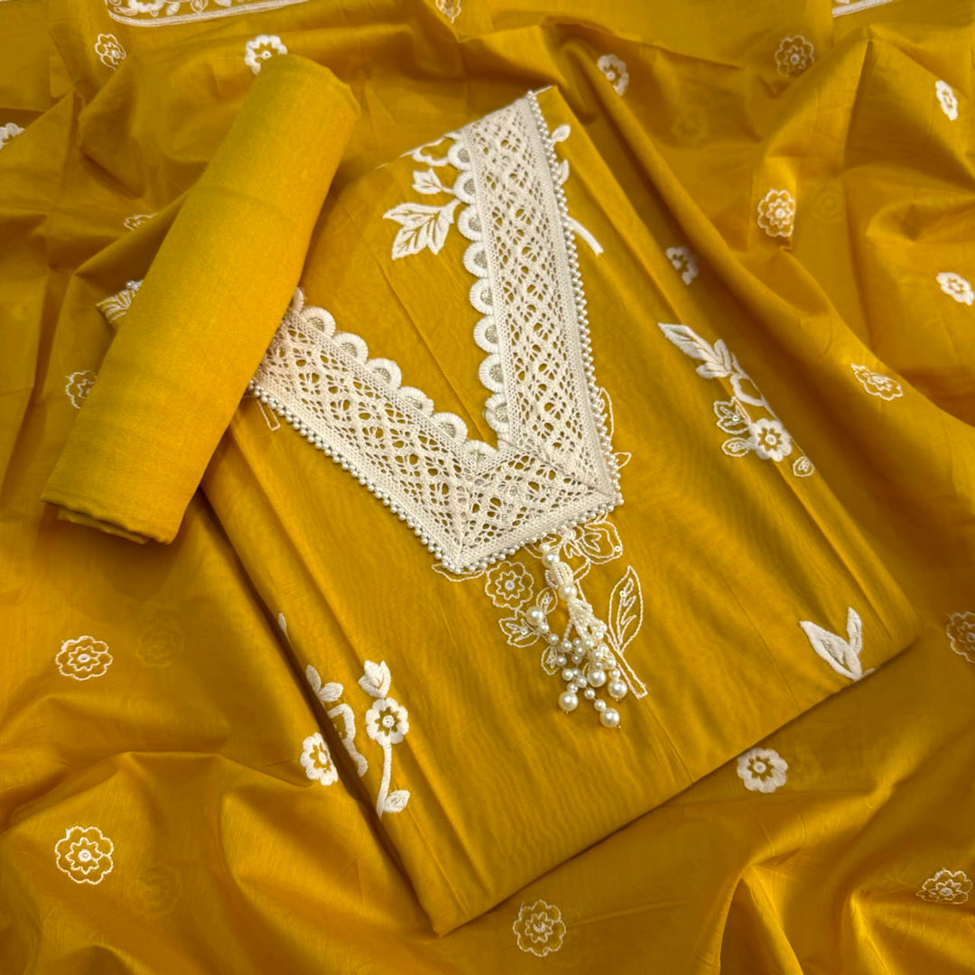 Premium Modal Cotton Unstitched Suit Set With Thread Embroidery & Pearl Work Neckline-BR2513-1