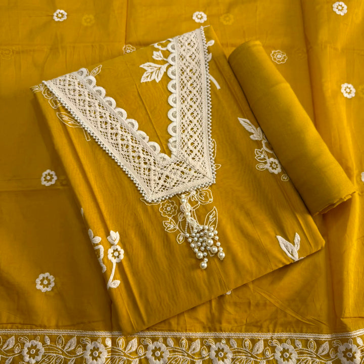 Premium Modal Cotton Unstitched Suit Set With Thread Embroidery & Pearl Work Neckline-BR2513-1