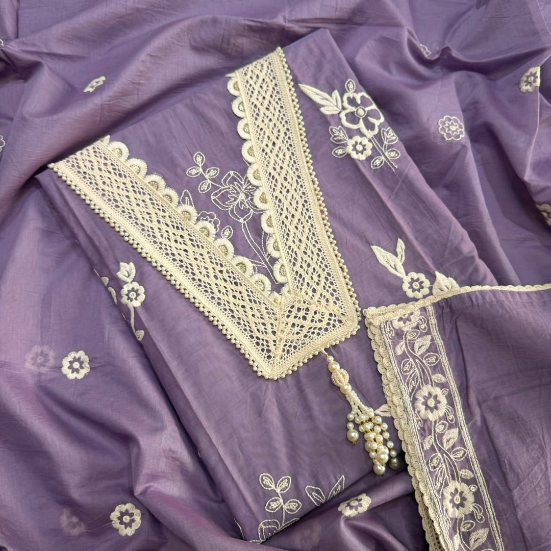 Premium Modal Cotton Unstitched Suit Set With Thread Embroidery & Pearl Work Neckline-BR2513-3