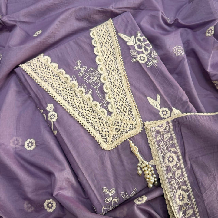 Premium Modal Cotton Unstitched Suit Set With Thread Embroidery & Pearl Work Neckline-BR2513-3