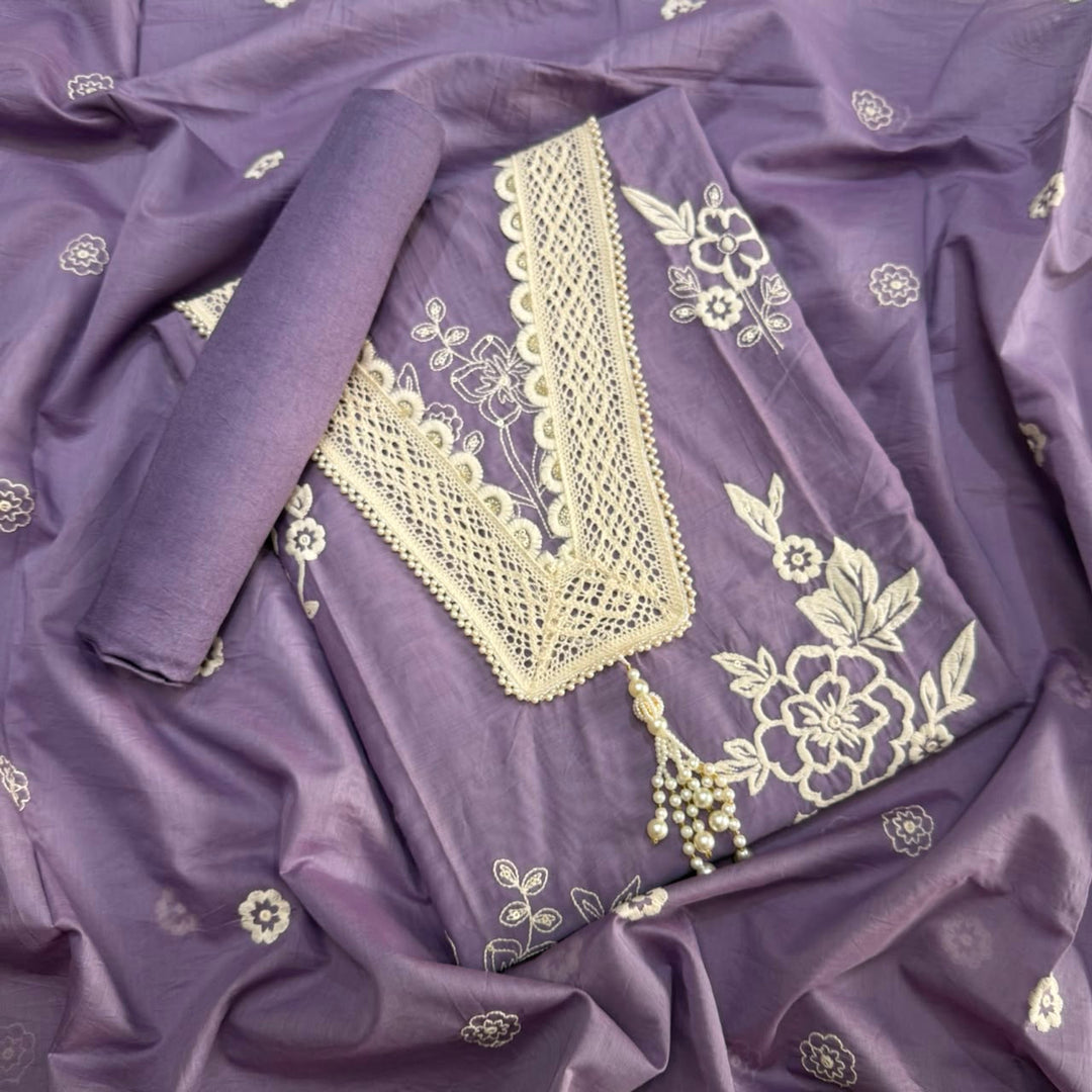 Premium Modal Cotton Unstitched Suit Set With Thread Embroidery & Pearl Work Neckline-BR2513-3