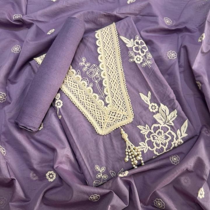 Premium Modal Cotton Unstitched Suit Set With Thread Embroidery & Pearl Work Neckline-BR2513-3