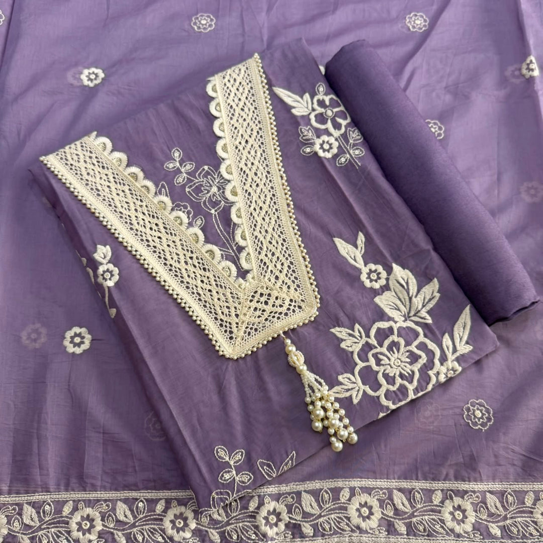 Premium Modal Cotton Unstitched Suit Set With Thread Embroidery & Pearl Work Neckline-BR2513-3