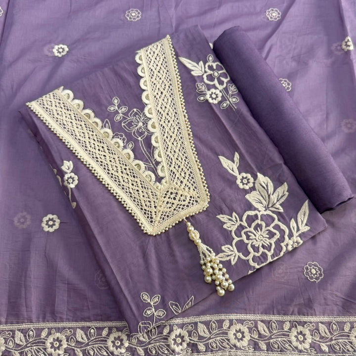 Premium Modal Cotton Unstitched Suit Set With Thread Embroidery & Pearl Work Neckline-BR2513-3