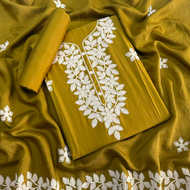 Premium Modal Cotton Thread Embroidered Unstitched Suit Set - BRK151-A2
