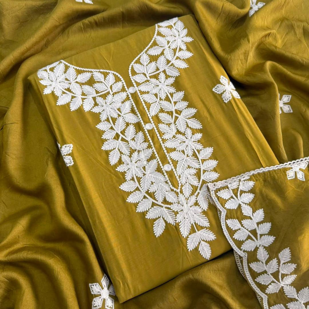 Premium Modal Cotton Thread Embroidered Unstitched Suit Set - BRK151-A2