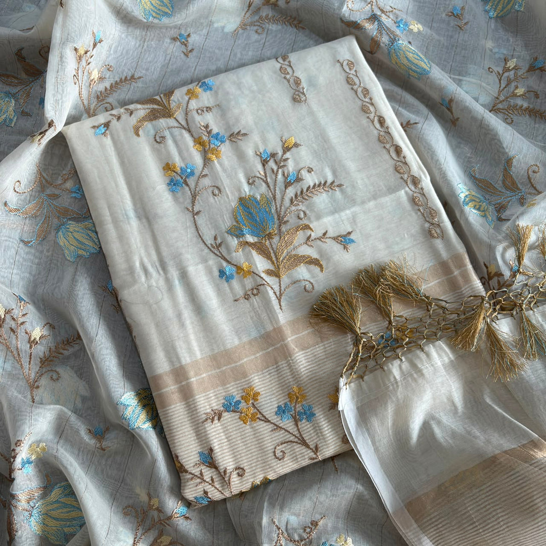 Premium Mul Chanderi Floral Thread Embroidered Unstitched Suit Set - LF1401-A1