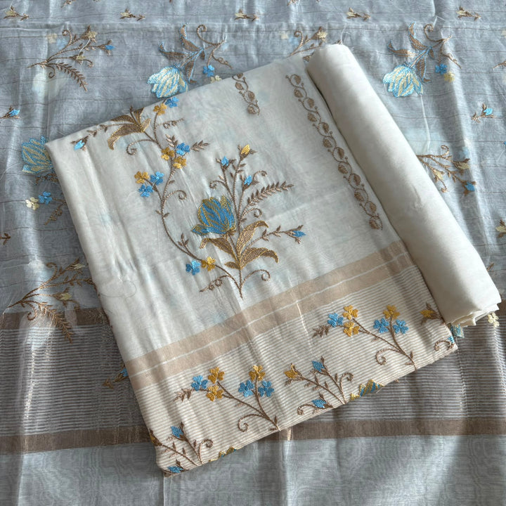 Premium Mul Chanderi Floral Thread Embroidered Unstitched Suit Set - LF1401-A1