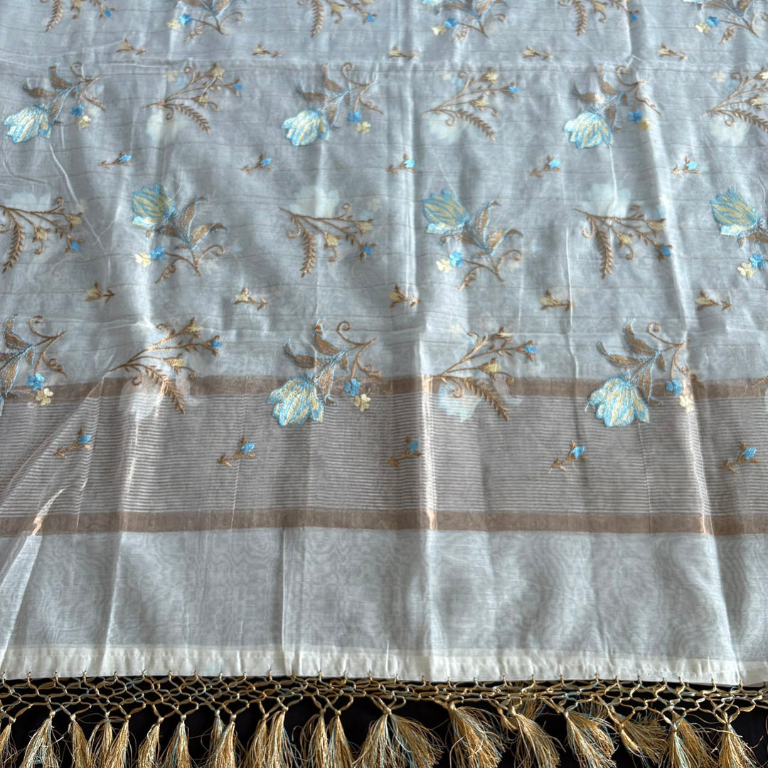 Premium Mul Chanderi Floral Thread Embroidered Unstitched Suit Set - LF1401-A1