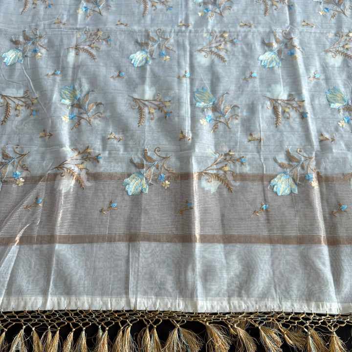Premium Mul Chanderi Floral Thread Embroidered Unstitched Suit Set - LF1401-A1
