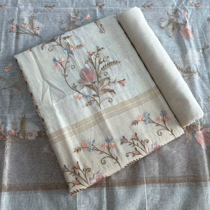 Premium Mul Chanderi Floral Thread Embroidered Unstitched Suit Set - LF1401-A3